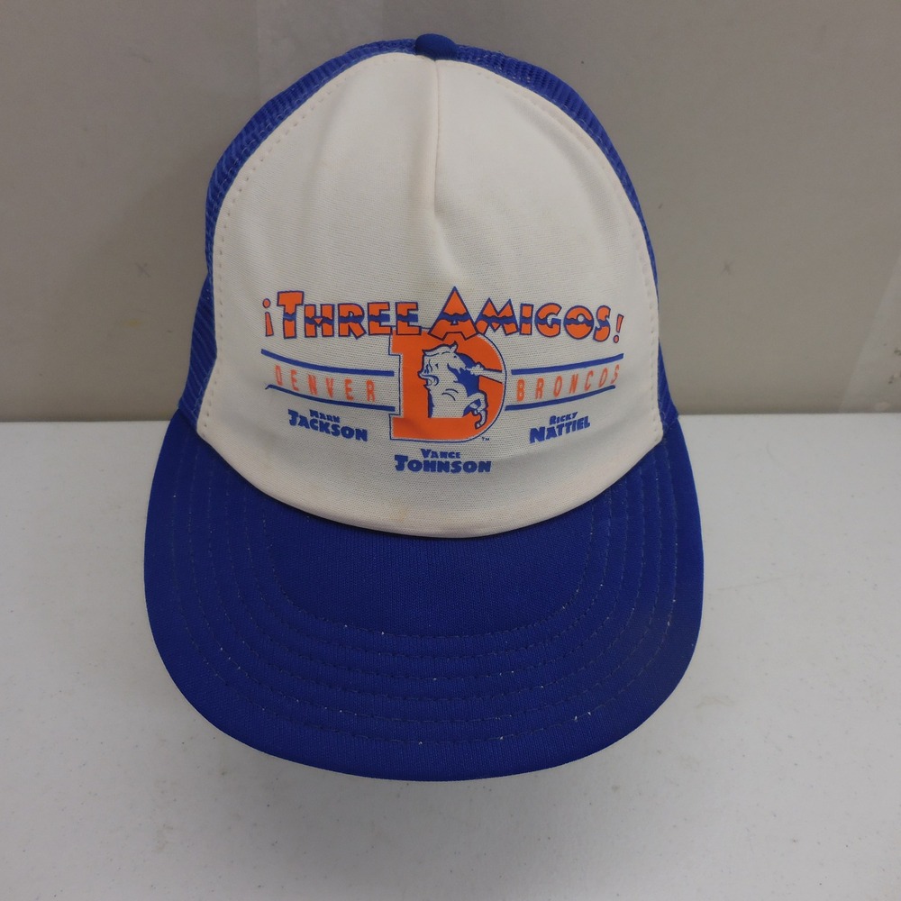 Vintage Denver Broncos Three Amigos Trucker Hat Mark Jackson Vance Johnson Blue